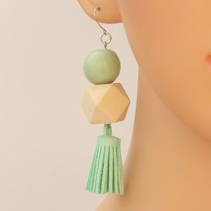 Leather Tassel Drop Earrings Wood Detail